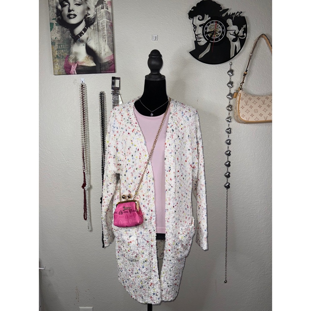Womens White Confetti Fleck Chunky Knit Longline Open Front Cardigan Sweater